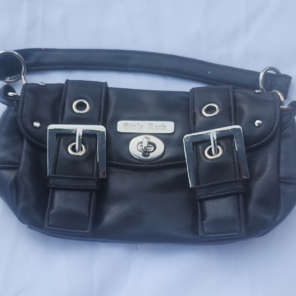 😎Girls Rock Black Leatherette Buckle Shoulder Bag